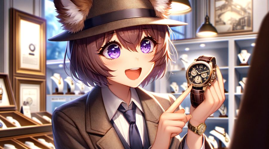 女性探偵がお目当ての時計を手に入れて喜んでいる